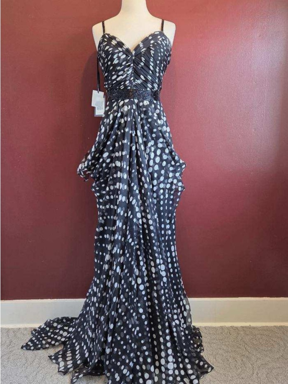 Pronovias Black & White Polka Dot Ruched Size 4 Evening Gown with Beaded Accents